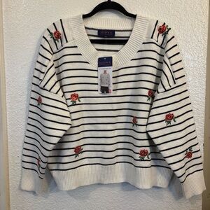 Joseph A. Striped Embroidered Crewneck Sweater Women XXL White, Black Floral